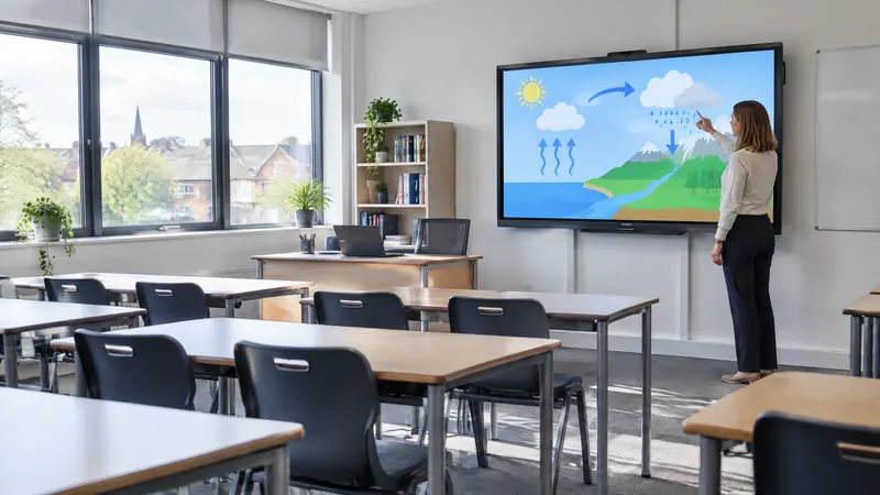 Teacher using an interactive touch screen in a classroom