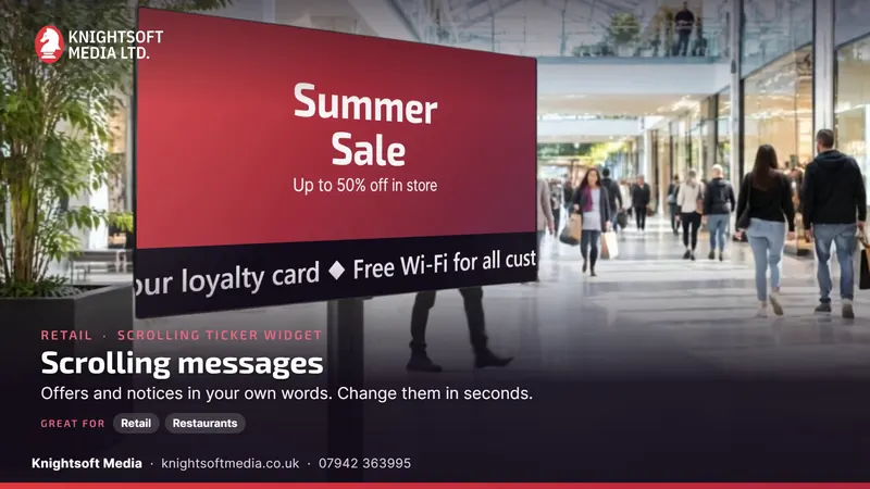 A sale advert and scrolling ticker on a shopping centre screen, from the Knightsoft CMS video