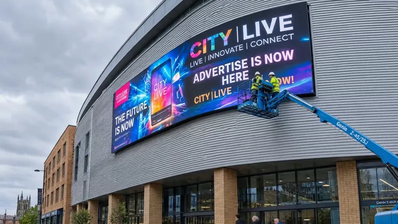 Engineers fitting a large outdoor LED screen to a building, one of the screens in our showreel