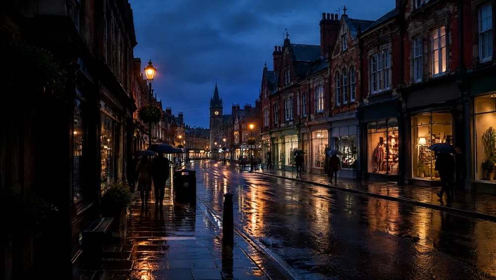 A Lancashire high street at dusk