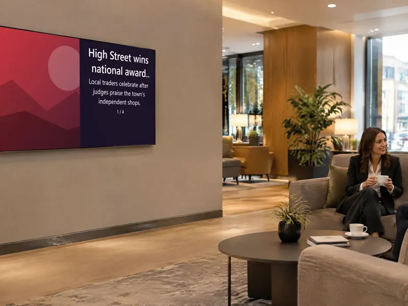 News screen in a hotel lobby