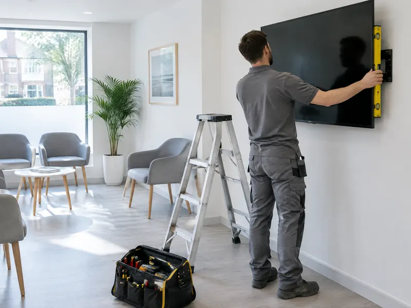 An engineer levelling a wall screen in a dental practice reception