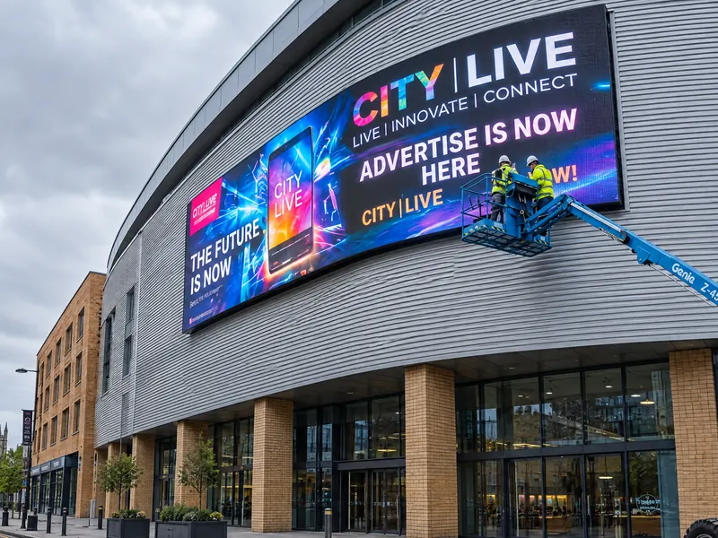 Engineers fitting a large outdoor LED screen to a building