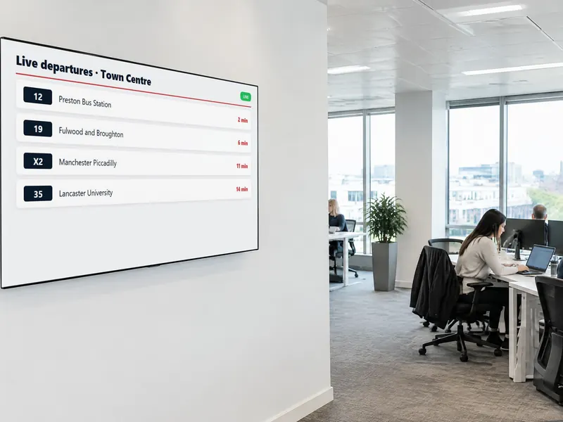 Wall screen in an open-plan office showing live bus departures