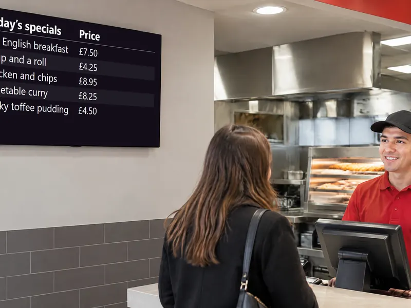 Digital menu board behind a takeaway counter