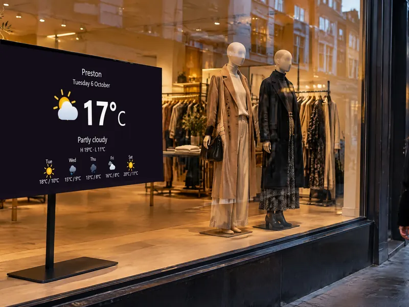 Shop-window screen showing the local weather