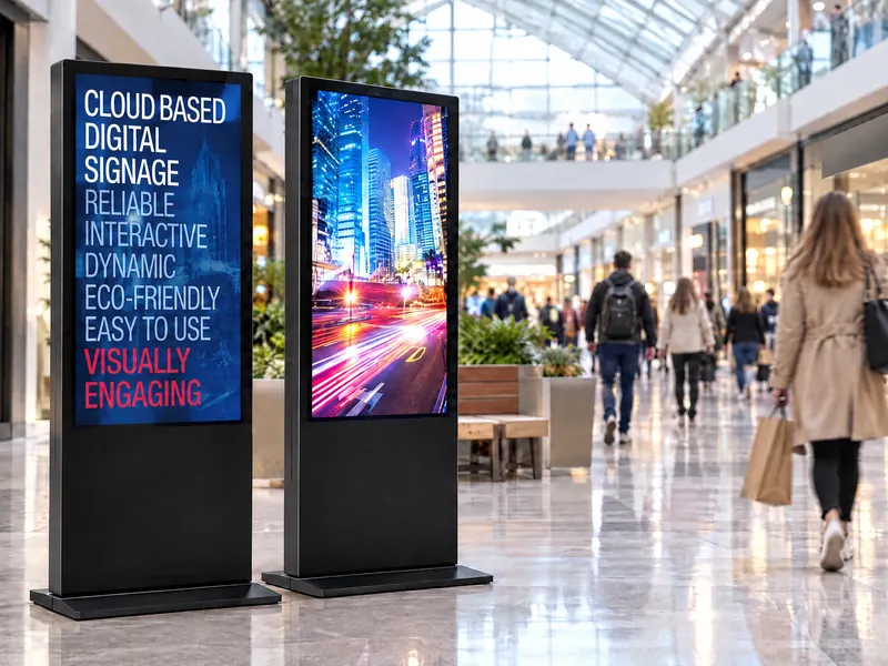 Two portrait totems in a shopping centre