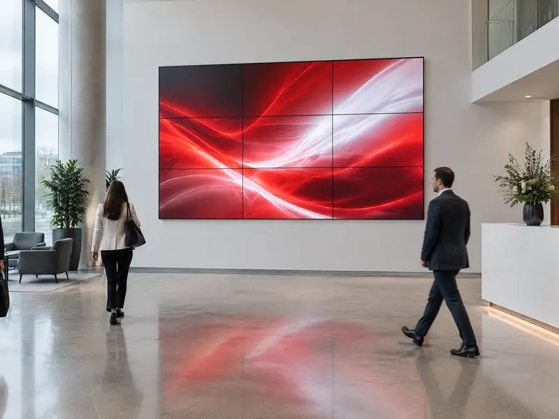 A three by three video wall in a business-centre atrium
